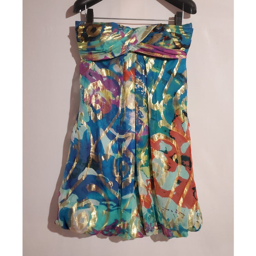 Vtg Xscape Joanna Chen Silk Metallic Strapless Babydoll Bubble Mini Dress Size 4